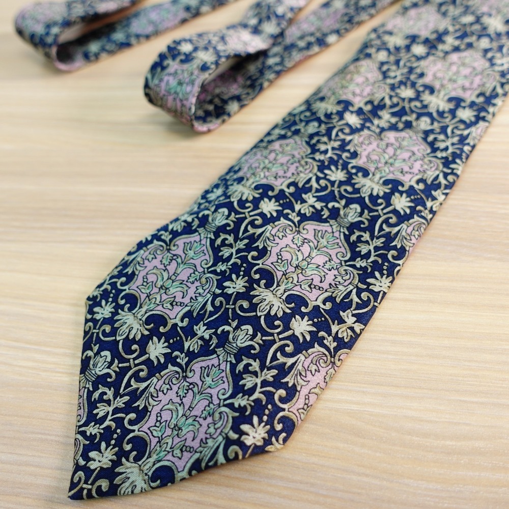 Vintage Neck Tie Mens Navy Blue Floral Damask Silk Baroque MONDE NEUF Japanese